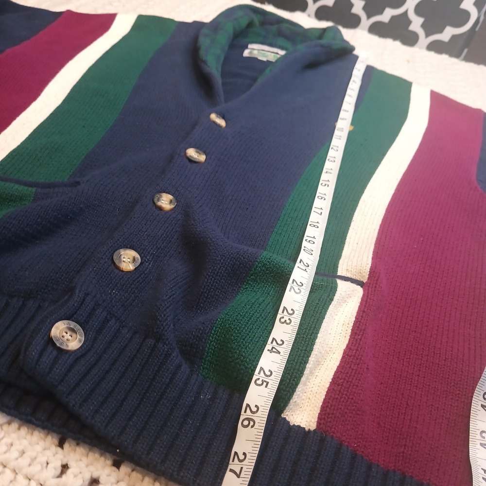 SIEGFRIED Vtg XL Color Block Striped Knit Button Shawl Varsity Crest Sweater - Picture 8 of 12